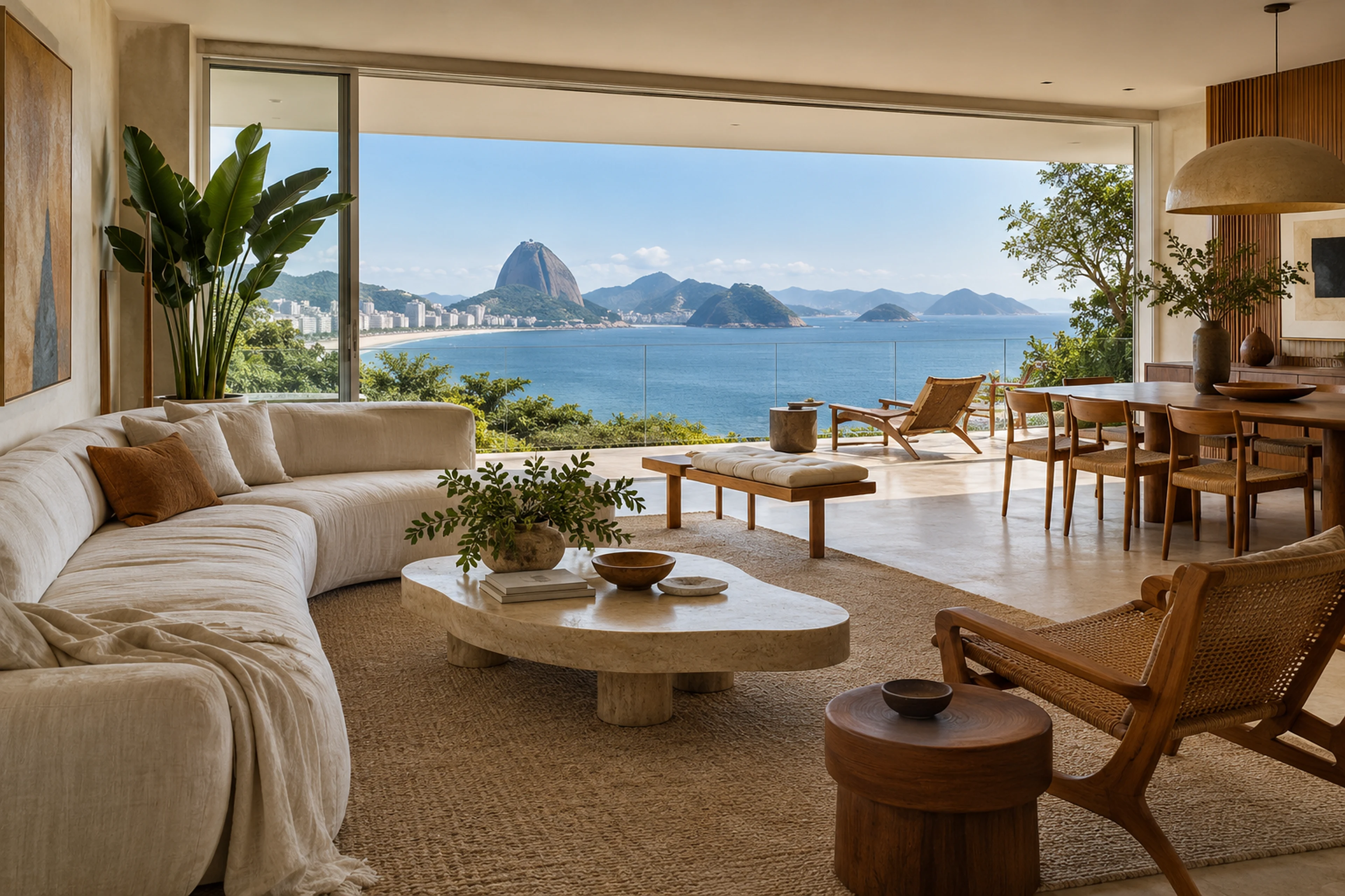 Interior sereno com madeira, pedra clara e vista ampla para o mar