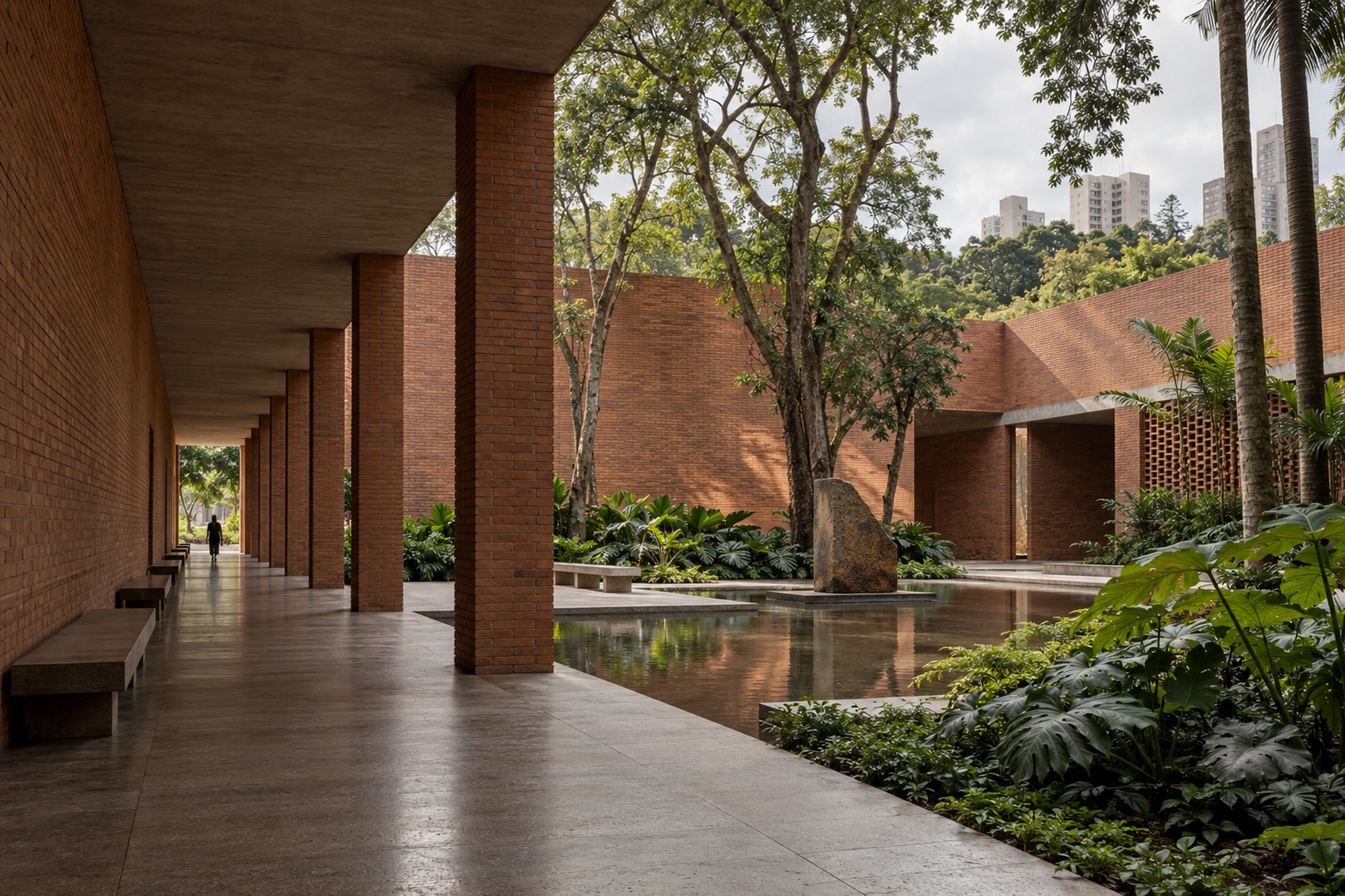 Pavilhão contemporâneo de tijolos, com pátio e vegetação tropical