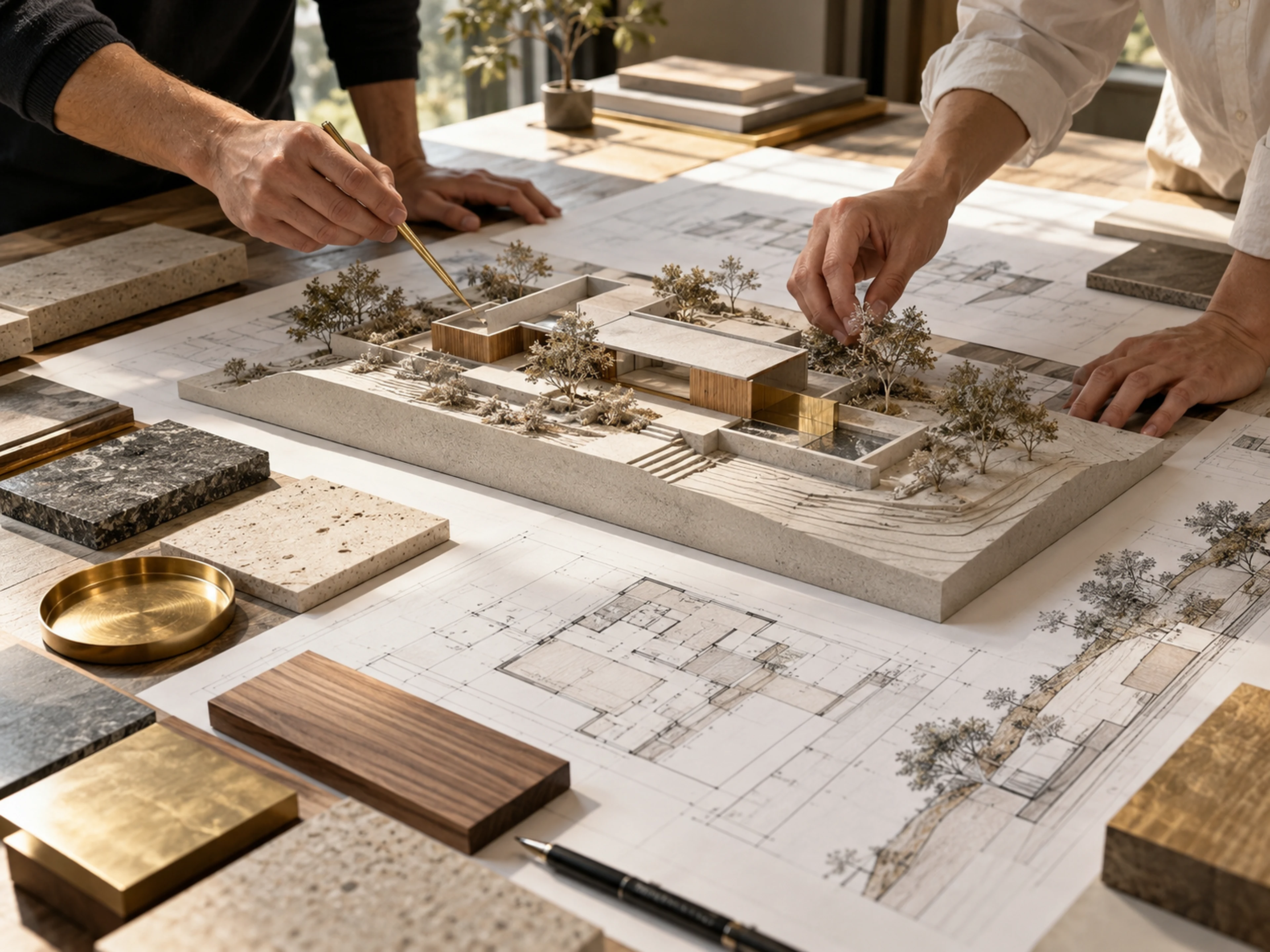 Mãos de arquitetos trabalhando sobre maquete, plantas e amostras de materiais